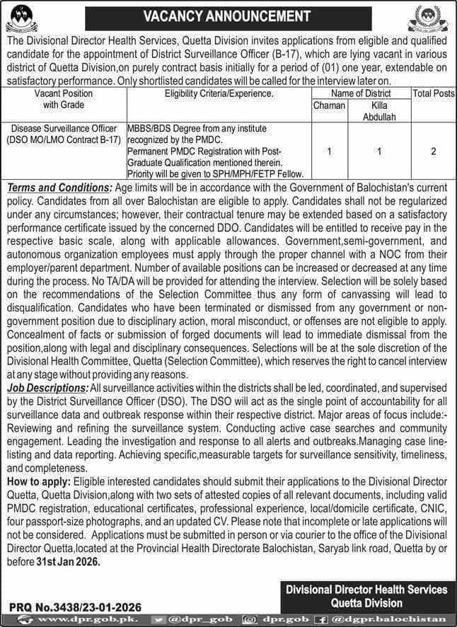 District Surveillance Officer DSO Jobs 2026 in Quetta Division